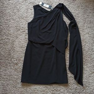 NWT Halston Black Asymmetric Drape Dress With Cape Sleeve